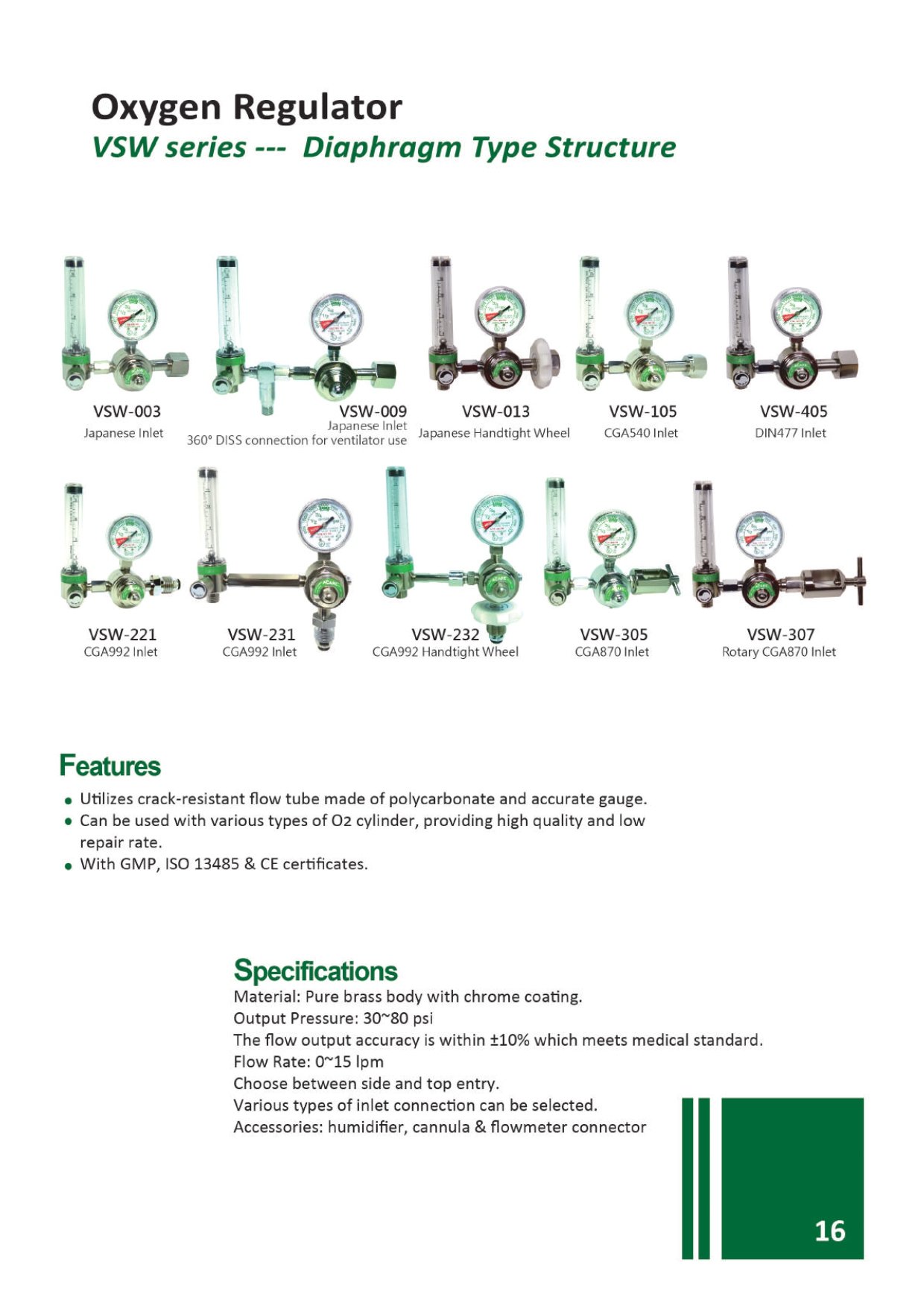 Oxygen Regulator Diaphragm Type - VSW Series